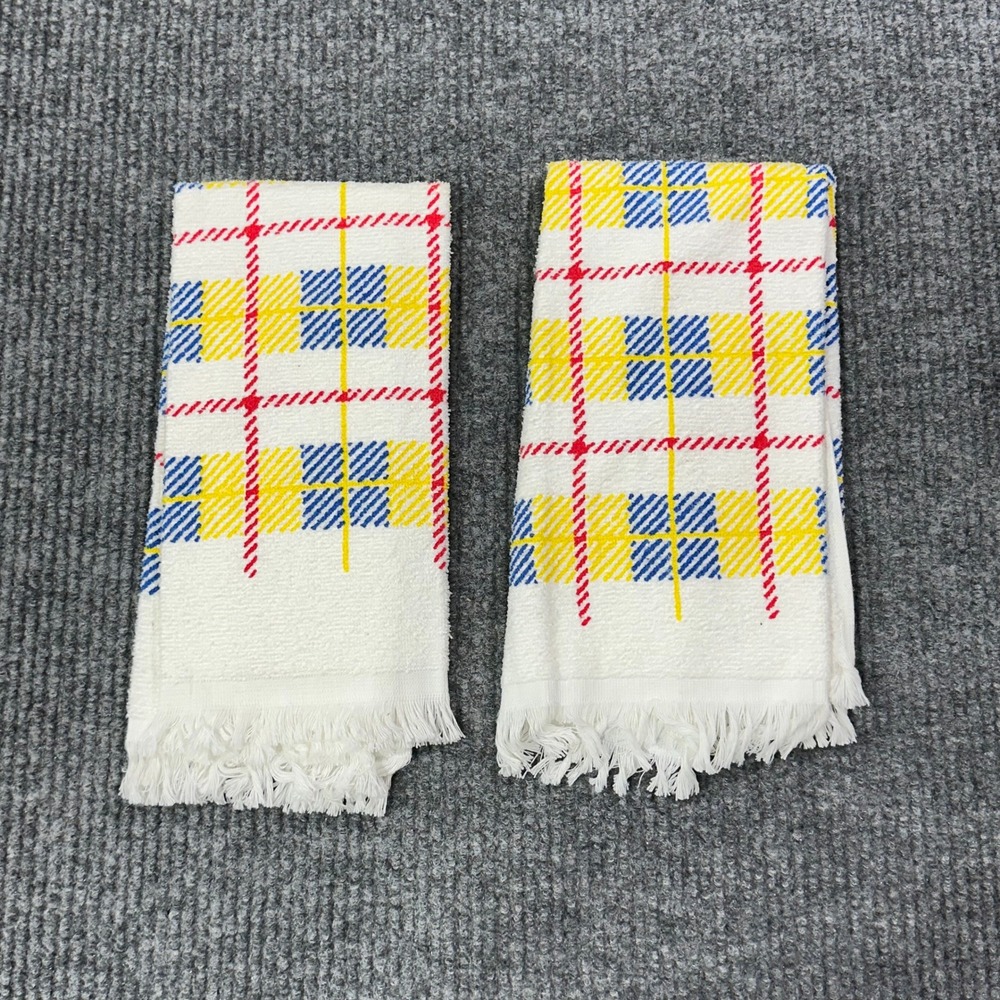 Vintage Woven Hand Towels Set of 2 Geometric Fringe 18x10 Farmhouse Cottagecore
